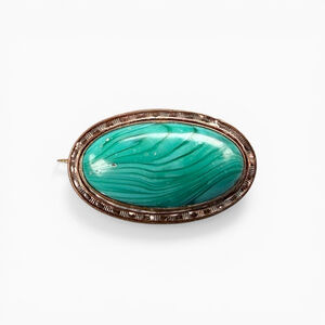 Late Victorian Malachite Brooch, Antique Brass Oval Pin, Green Banded Stone